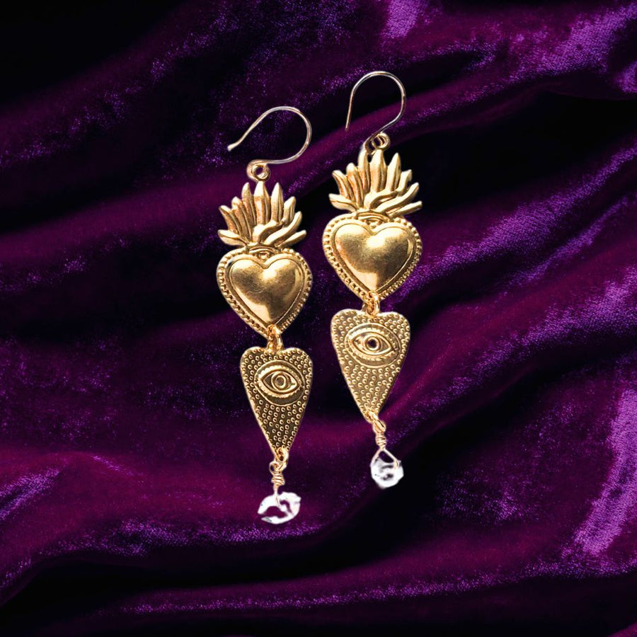 Flame Heart Earrings with Herkimer