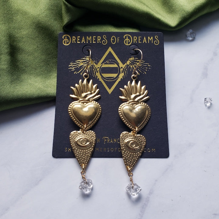 Flame Heart Earrings with Herkimer