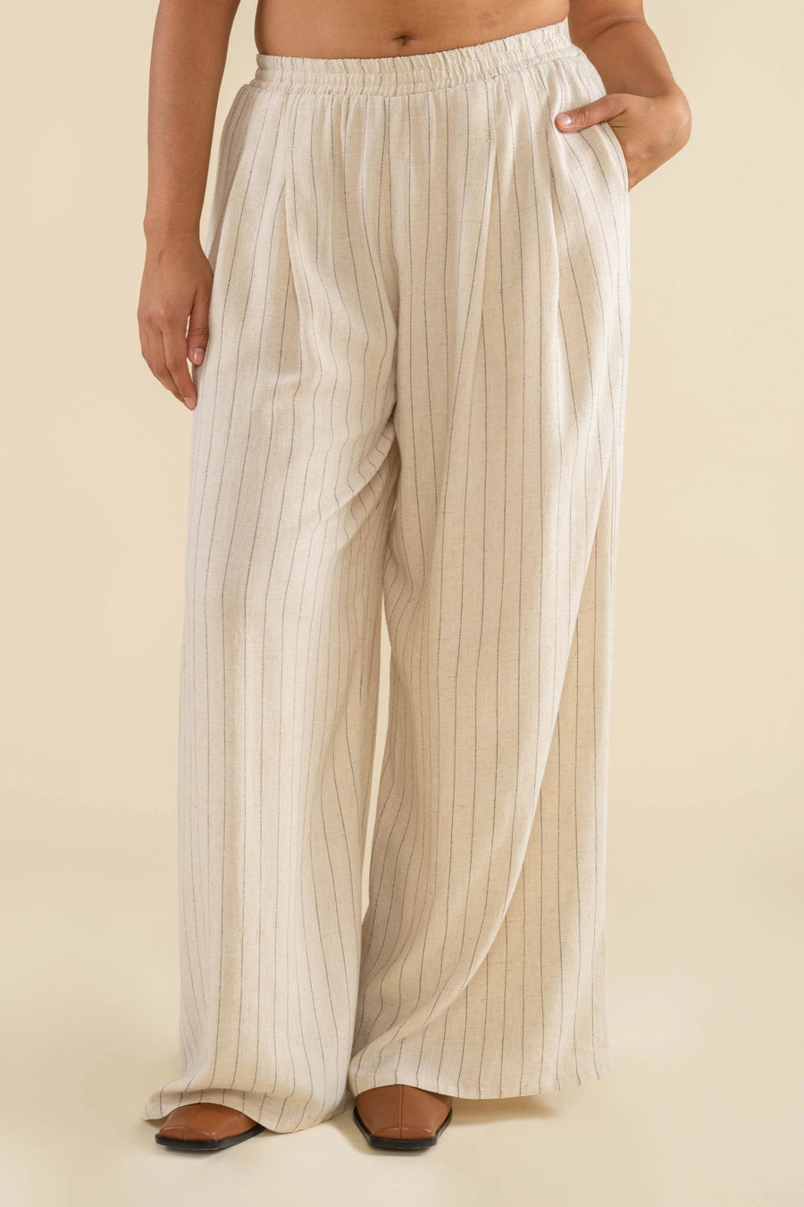 Helena Pleated Wide Leg Striped Linen Pant in Ivory pant No Less Than 