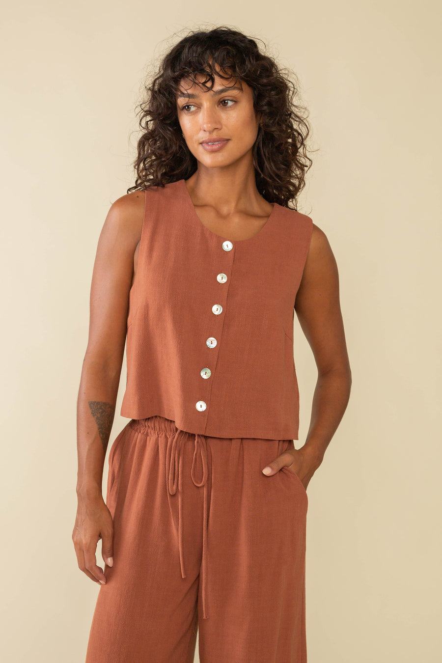 Hi-Neck Linen Vest Rust vest No Less Than 