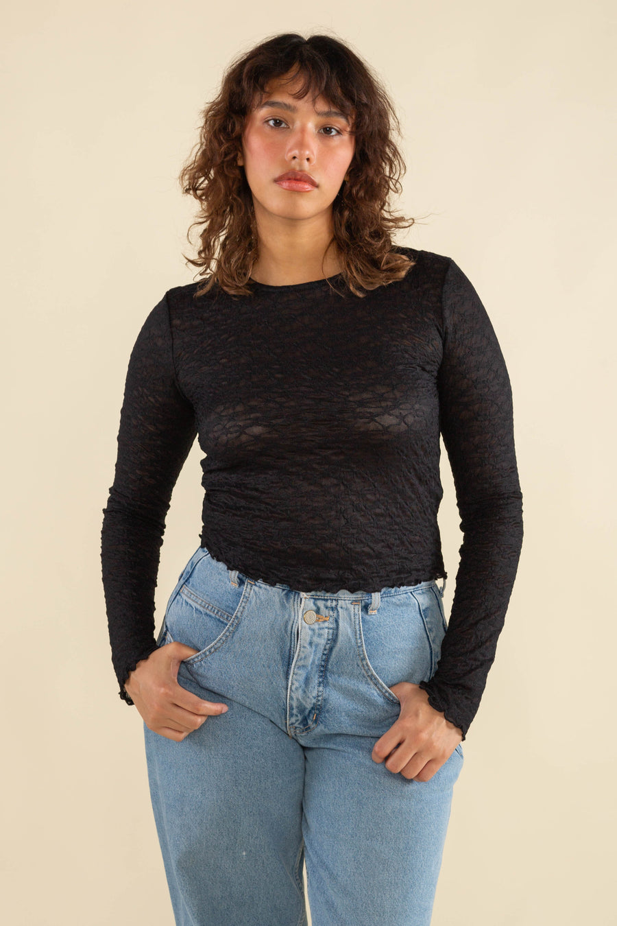 Toluca LS Jacquard Mesh Top in Black