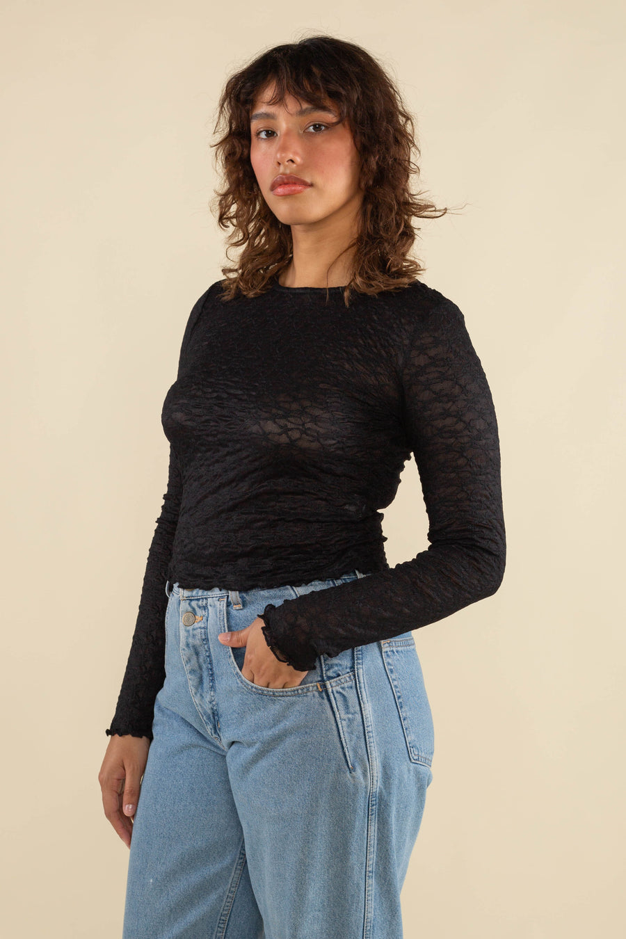 Toluca LS Jacquard Mesh Top in Black