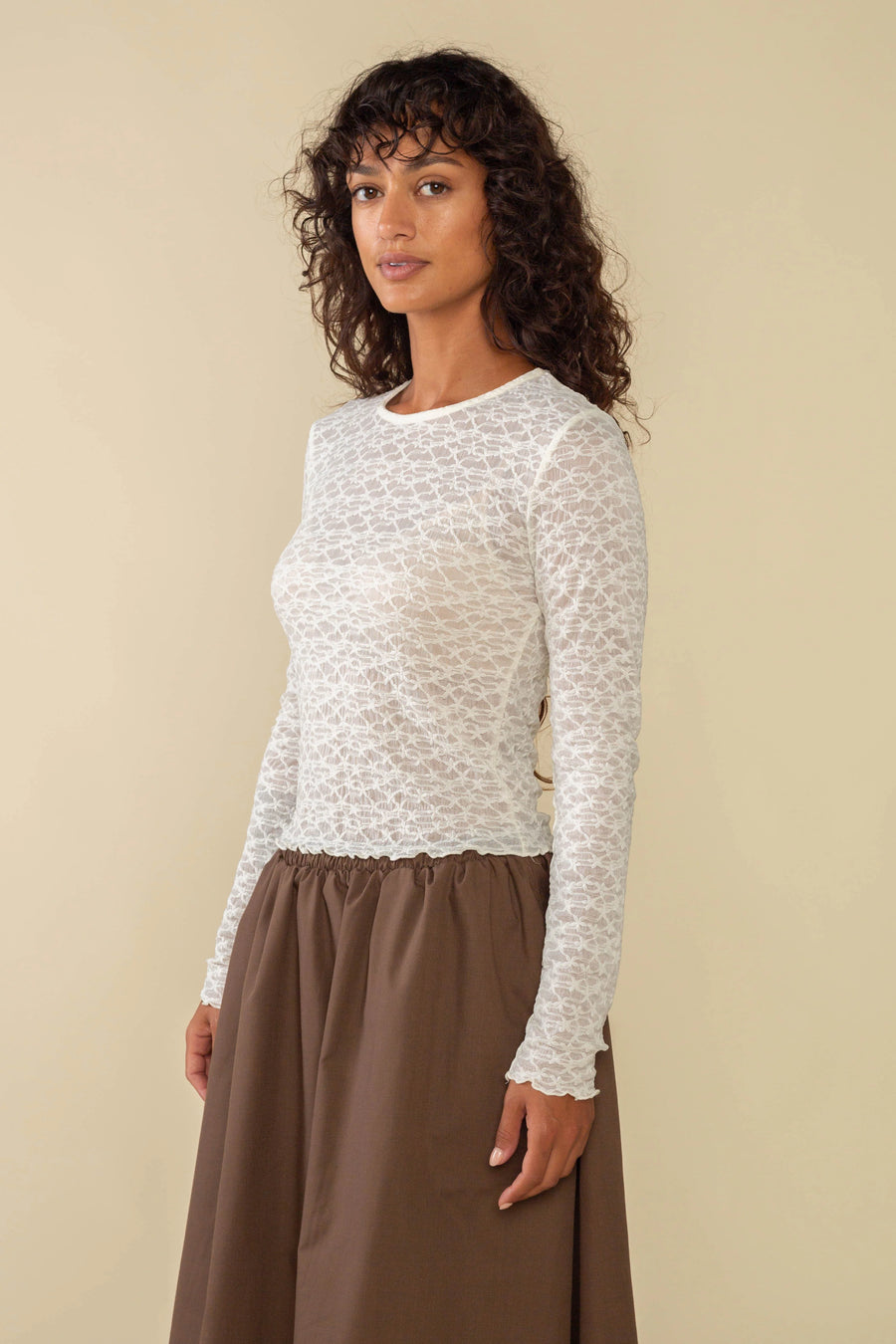 Toluca LS Jacquard Mesh Top in Ivory