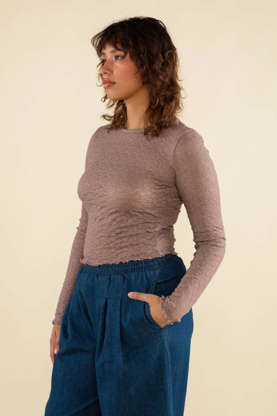 Toluca LS Jacquard Mesh Top in Mocha