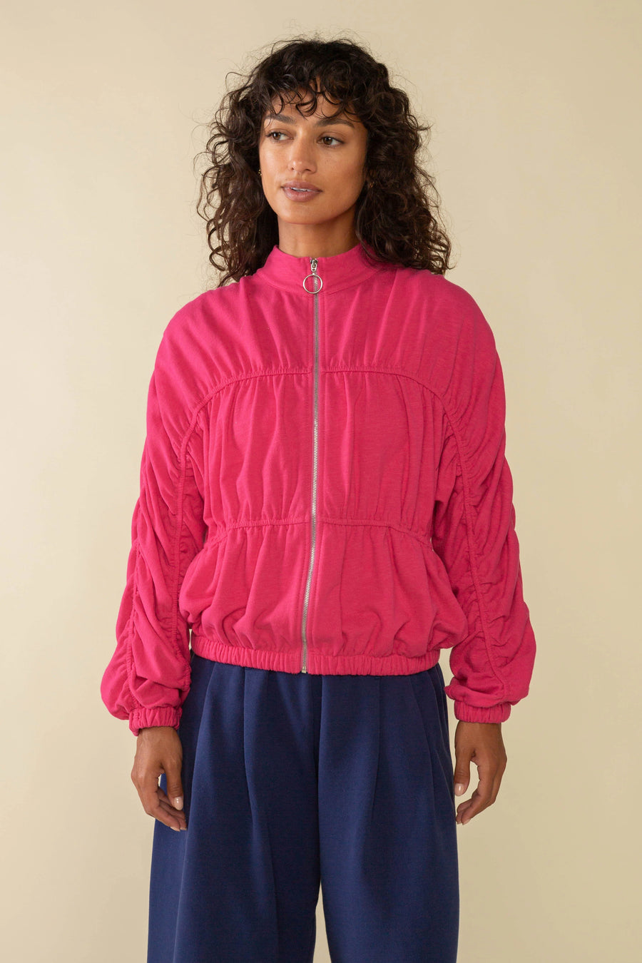 Bandini Shirred Mock Neck Zip Up Jacket