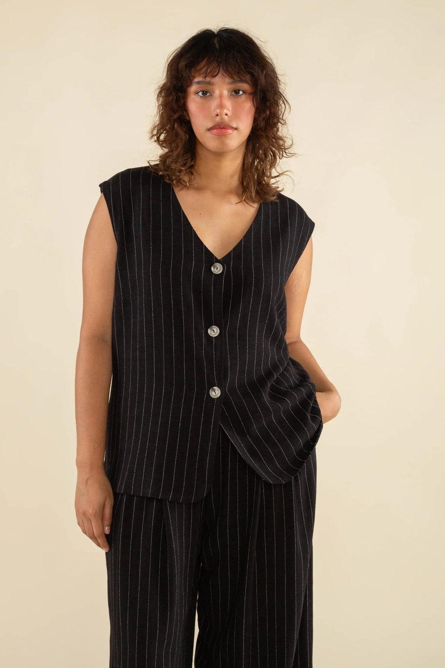 Helena Oversized Button Up Linen Vest in Black pant No Less Than 