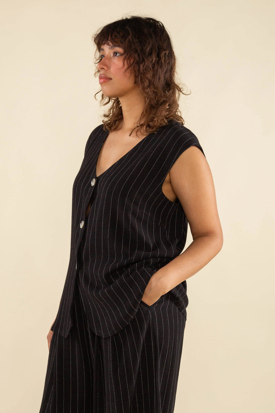 Helena Oversized Button Up Linen Vest in Black pant No Less Than 