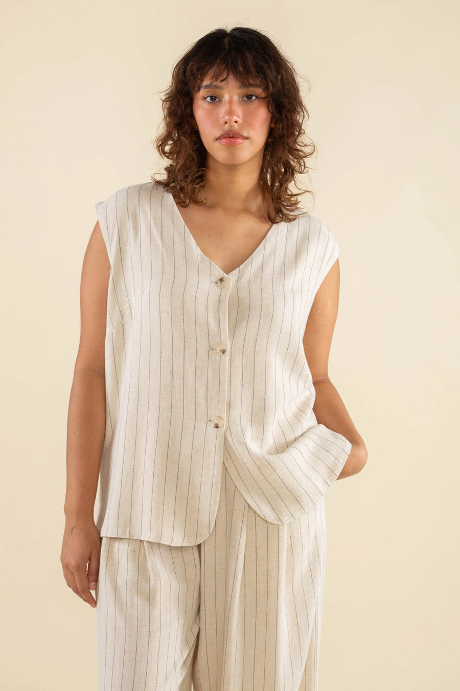 Helena Oversized Button Up Linen Vest in Ivory pant No Less Than 