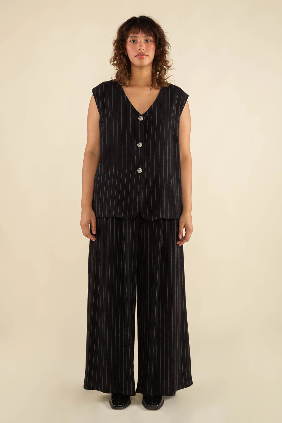 Helena Oversized Button Up Linen Vest in Black pant No Less Than 