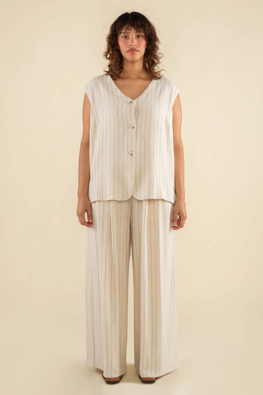 Helena Pleated Wide Leg Striped Linen Pant in Ivory pant No Less Than 