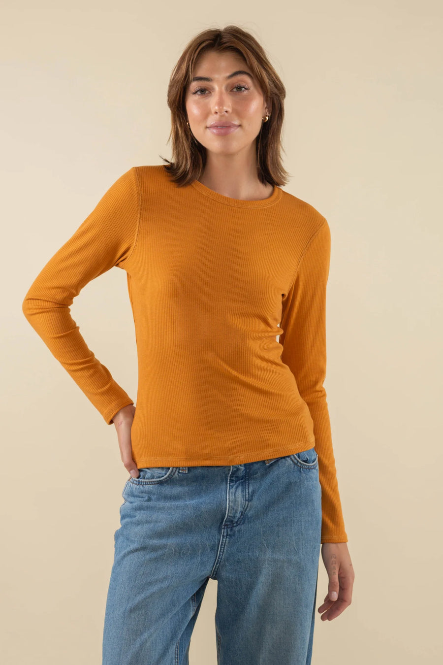 Ribbed Long Sleeve Crewneck Top