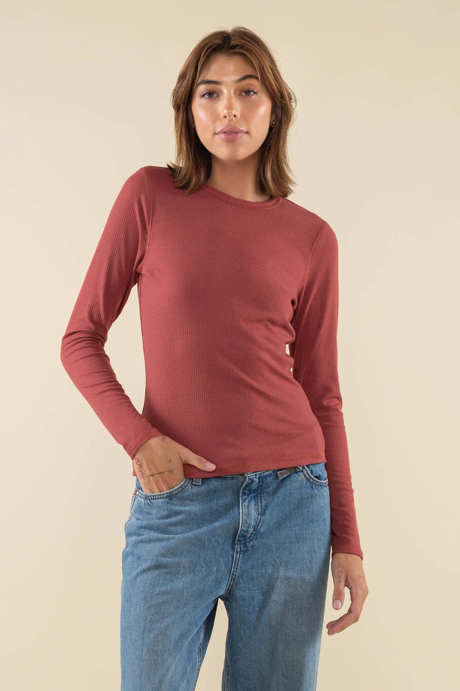 Ribbed Long Sleeve Crewneck Top