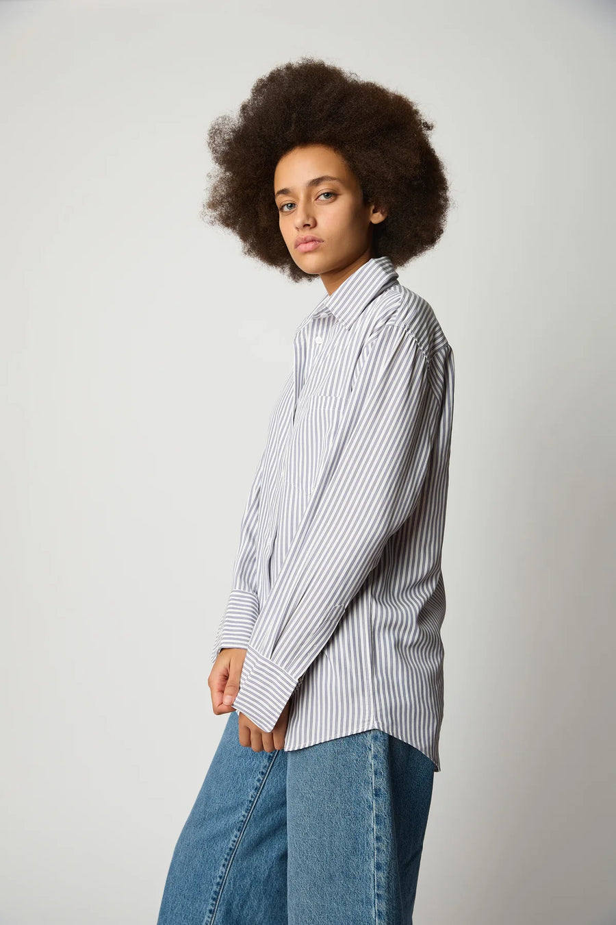 Le Stripe Button Up in Grey