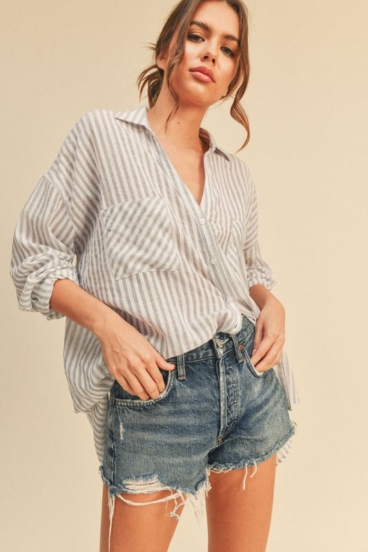 Pinstripe Button Down Top Miou Muse Small Grey 